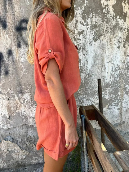 Damen Zweiteiliges Sommer Set mit Knopfleiste und Hemdkragen