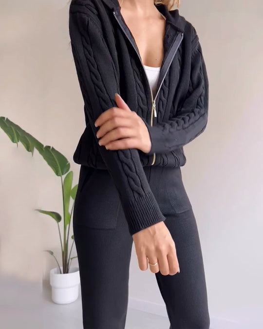 Damen Zweiteiliges Strickset mit Kapuzenjacke Reißverschluss Zopfmuster und Hose mit Bündchen