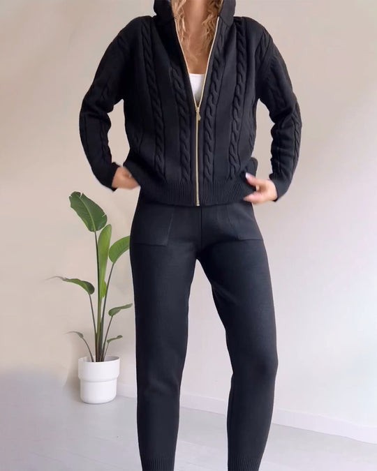 Damen Zweiteiliges Strickset mit Kapuzenjacke Reißverschluss Zopfmuster und Hose mit Bündchen