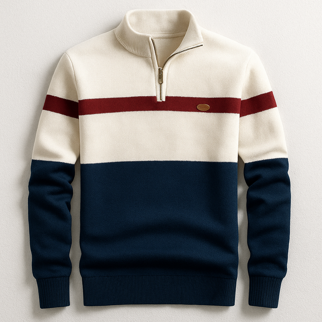 Herren-Strickpullover mit Viertelreißverschluss und Colorblock-Design