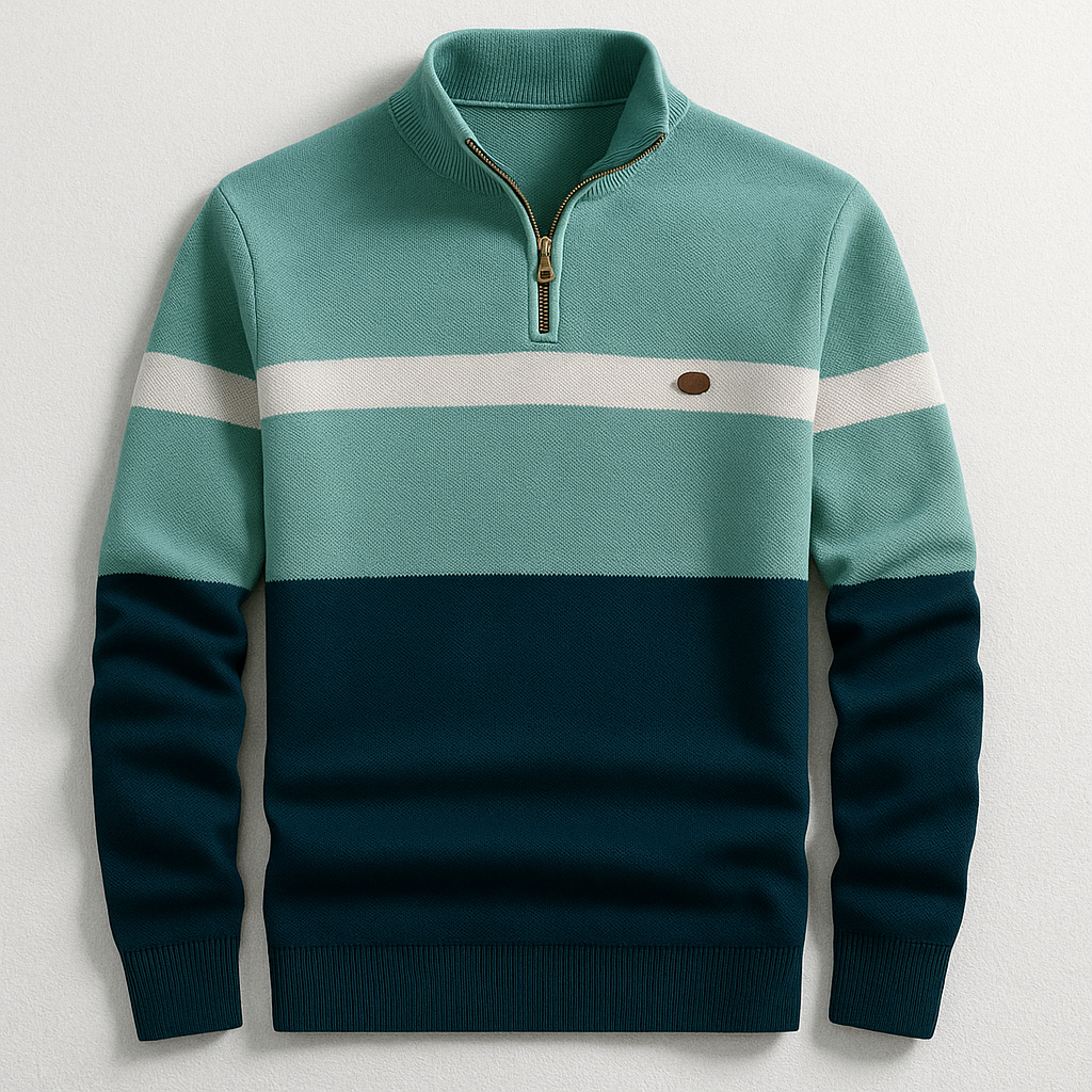 Herren-Strickpullover mit Viertelreißverschluss und Colorblock-Design