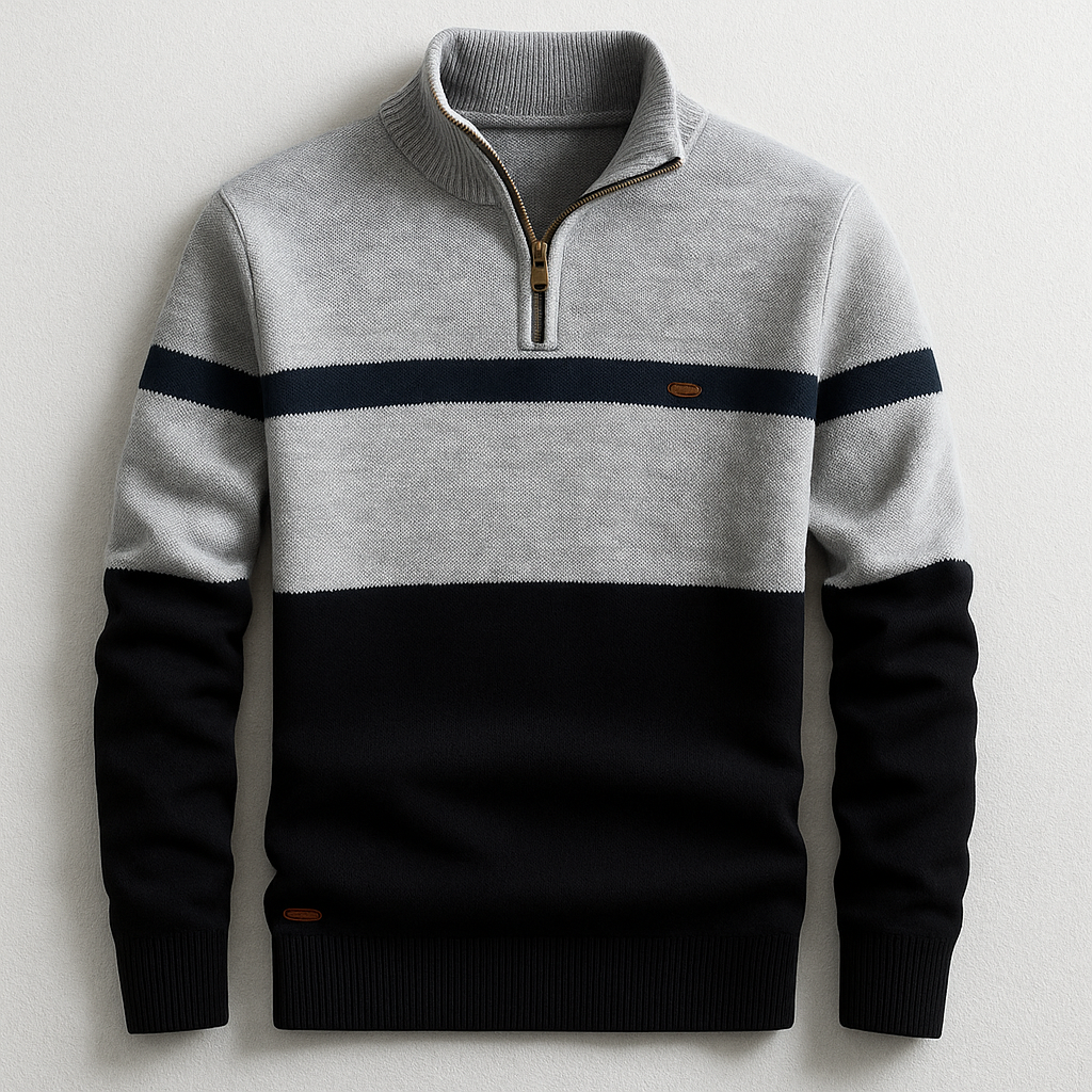Herren-Strickpullover mit Viertelreißverschluss und Colorblock-Design