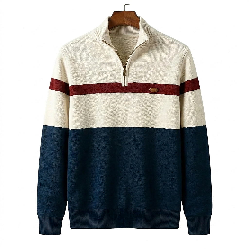 Herren-Strickpullover mit Viertelreißverschluss und Colorblock-Design