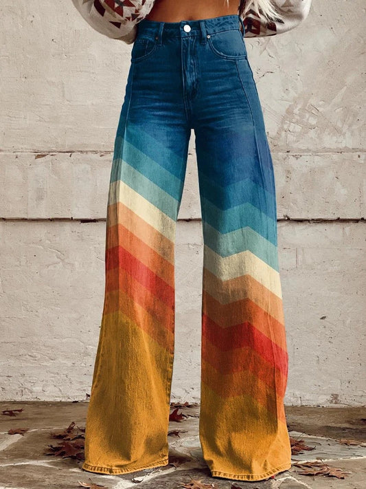 High Waist Wide Leg Rainbow Ombre Trousers