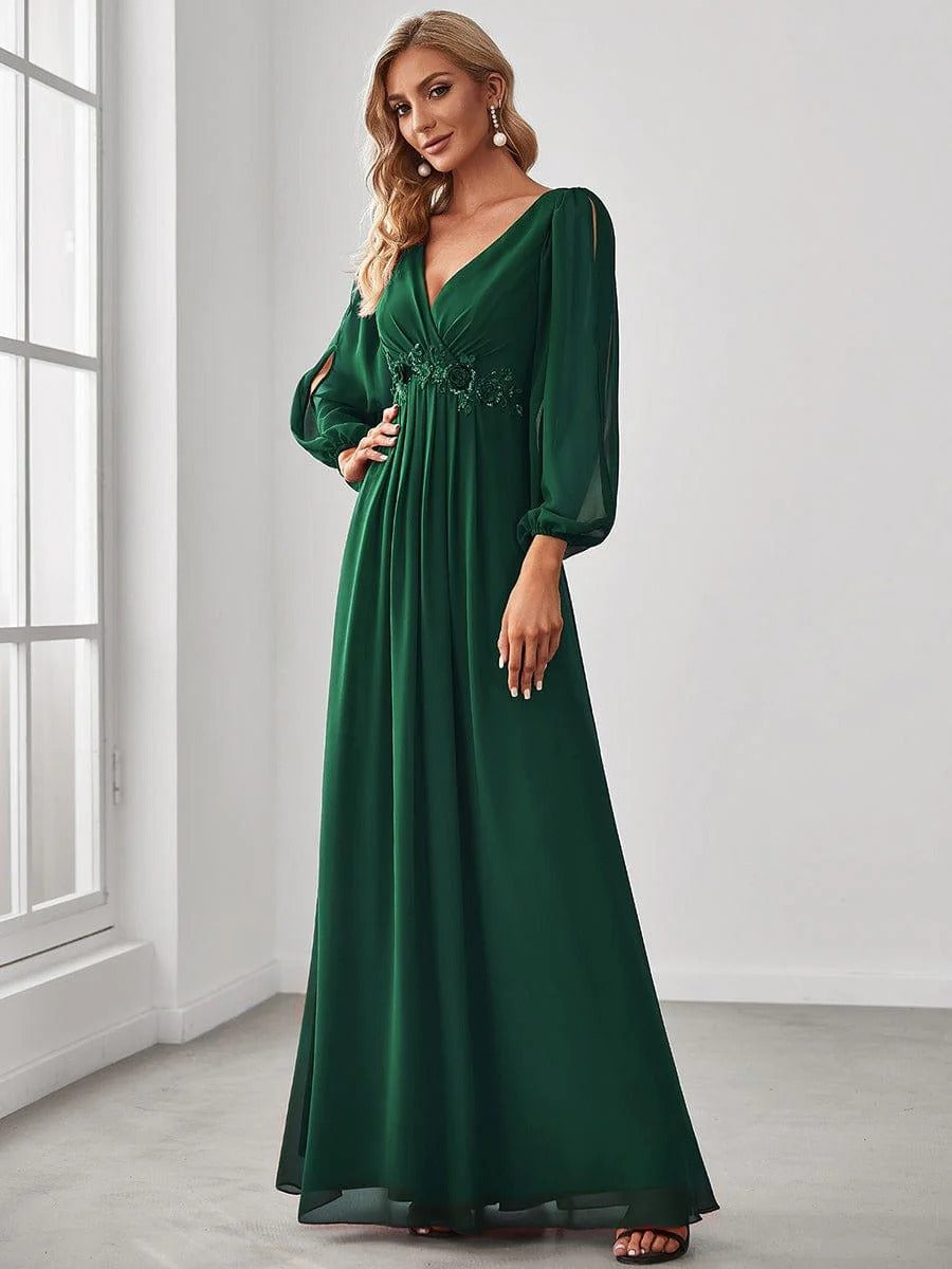 V-Neck Long Sleeve Chiffon Evening Dress