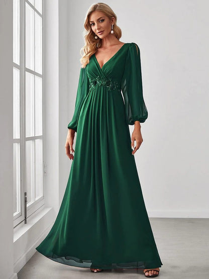 V-Neck Long Sleeve Chiffon Evening Dress
