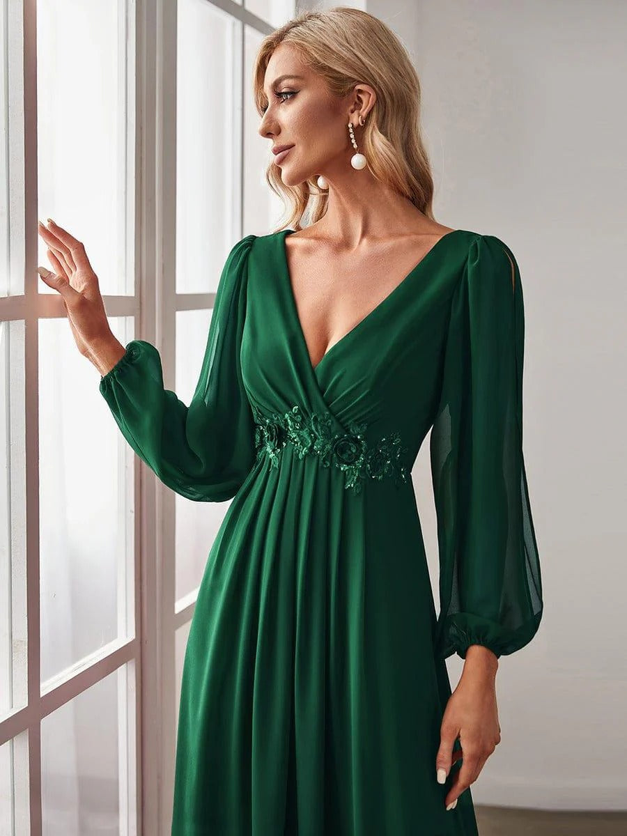 V-Neck Long Sleeve Chiffon Evening Dress