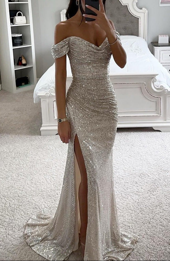 Off Shoulder Sequin Maxi Dress with High Side Split