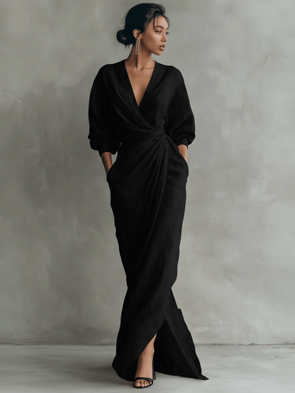 Sleeveless Linen Blend V-Neck Maxi Dress