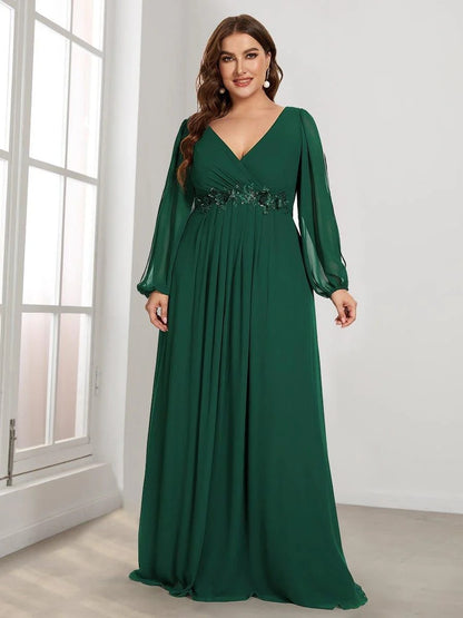 V-Neck Long Sleeve Chiffon Evening Dress