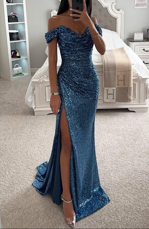 Off Shoulder Sequin Maxi Dress with High Side Split