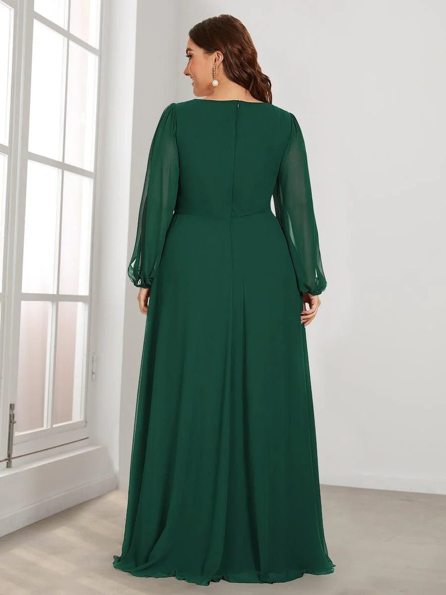 V-Neck Long Sleeve Chiffon Evening Dress