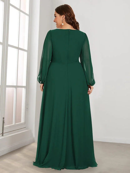 V-Neck Long Sleeve Chiffon Evening Dress