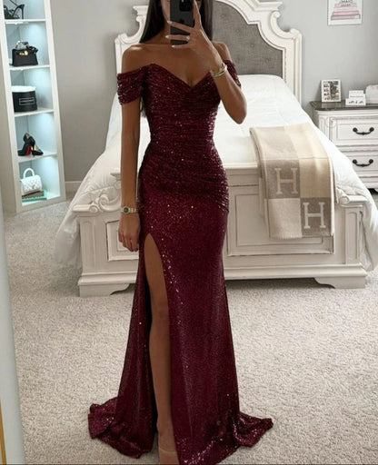 Off Shoulder Sequin Maxi Dress with High Side Split