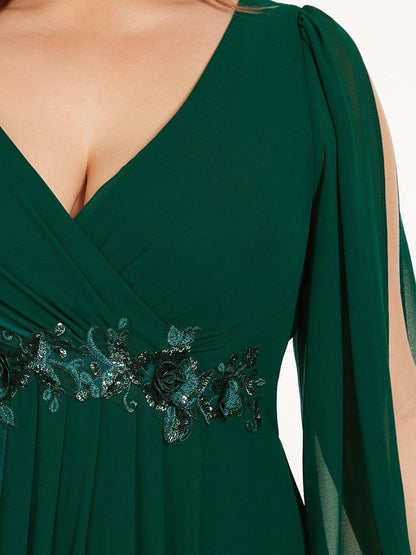 V-Neck Long Sleeve Chiffon Evening Dress