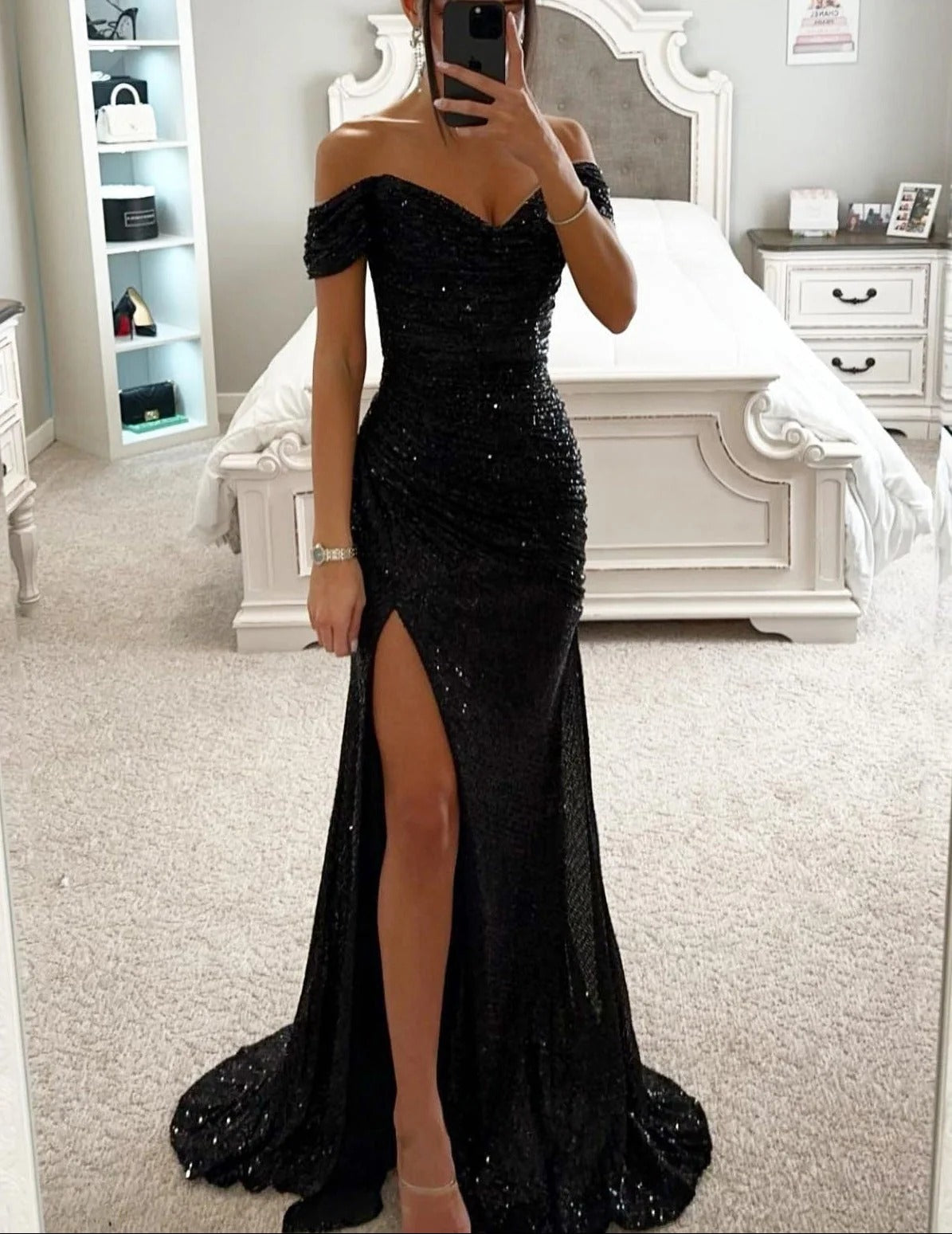 Off Shoulder Sequin Maxi Dress with High Side Split