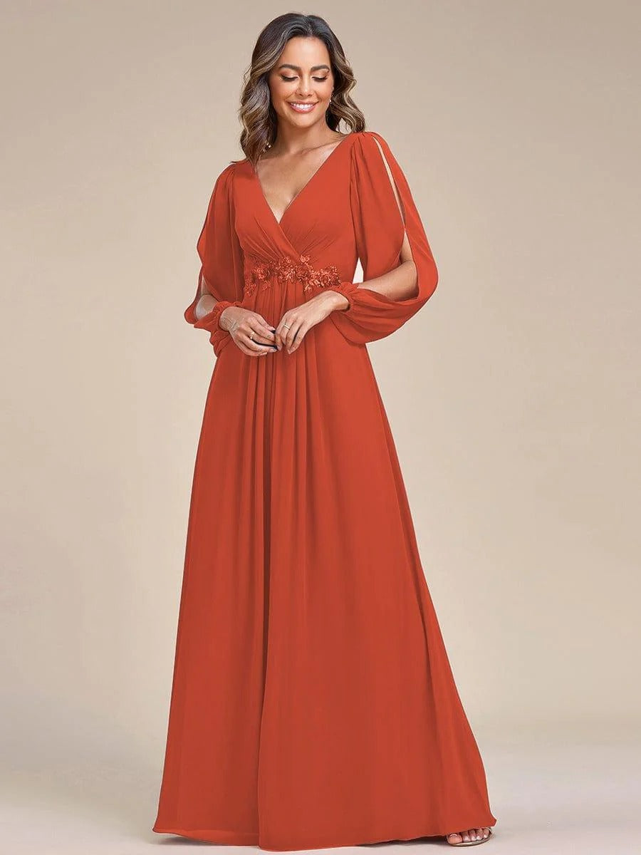 V-Neck Long Sleeve Chiffon Evening Dress