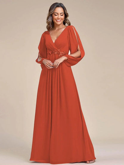 V-Neck Long Sleeve Chiffon Evening Dress