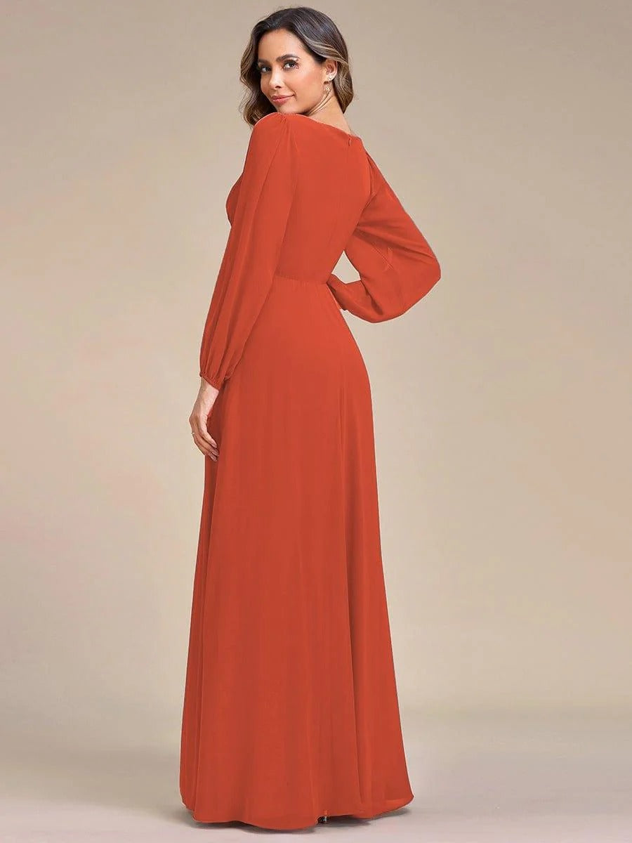 V-Neck Long Sleeve Chiffon Evening Dress