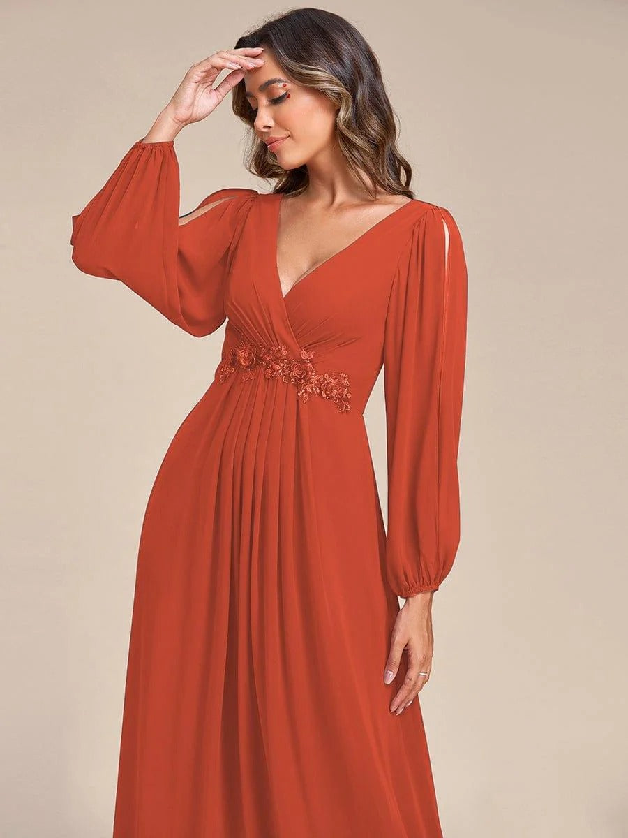 V-Neck Long Sleeve Chiffon Evening Dress
