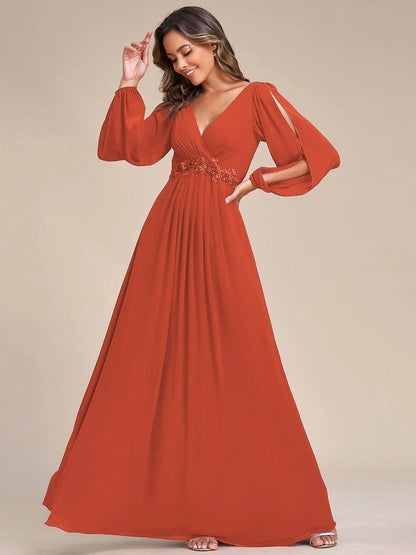 V-Neck Long Sleeve Chiffon Evening Dress