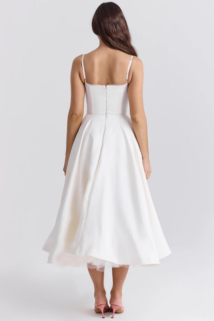 Bustier Midi Dress with Lace Trim and Full Skirt
