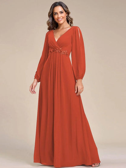 V-Neck Long Sleeve Chiffon Evening Dress