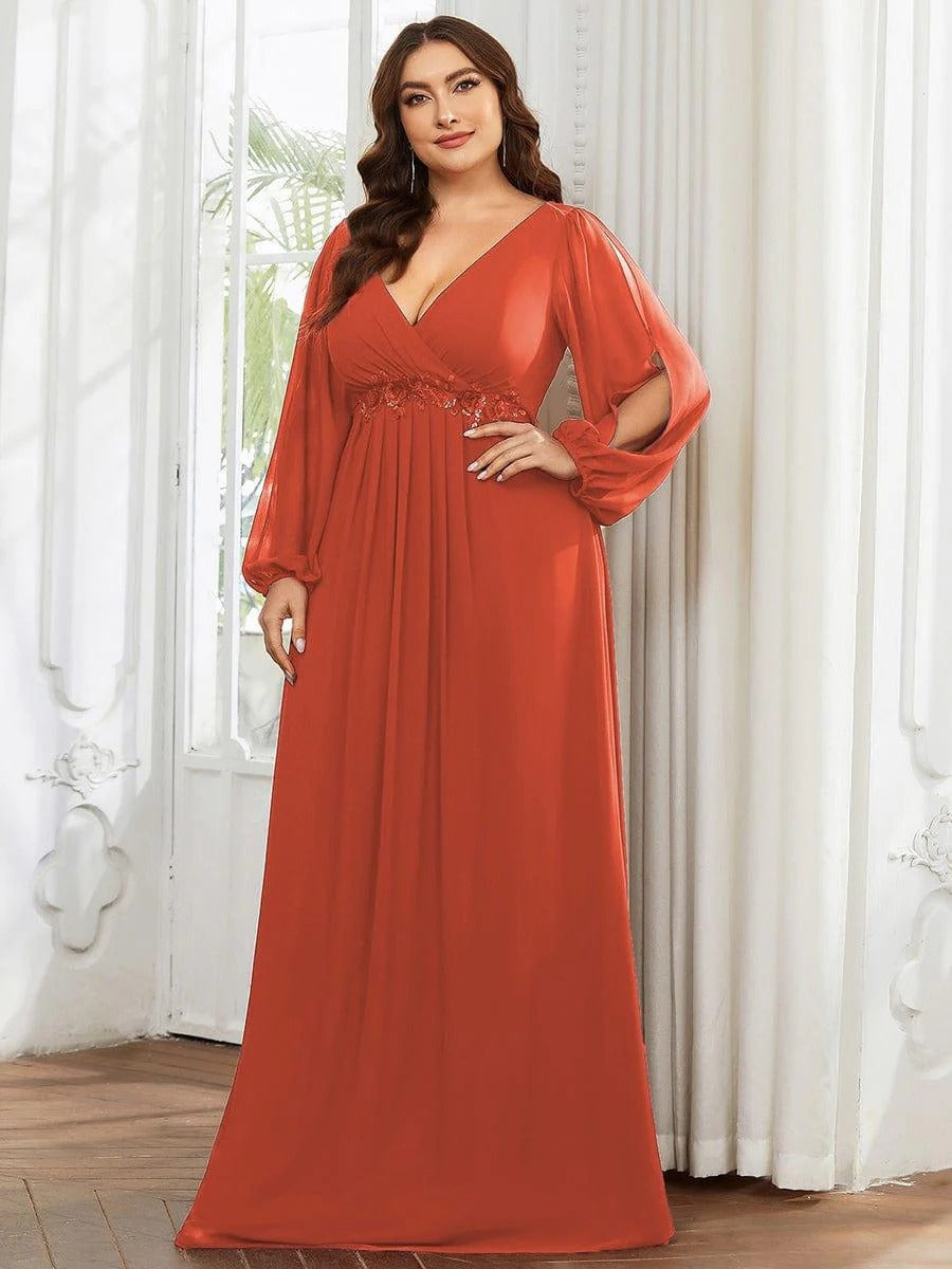 V-Neck Long Sleeve Chiffon Evening Dress