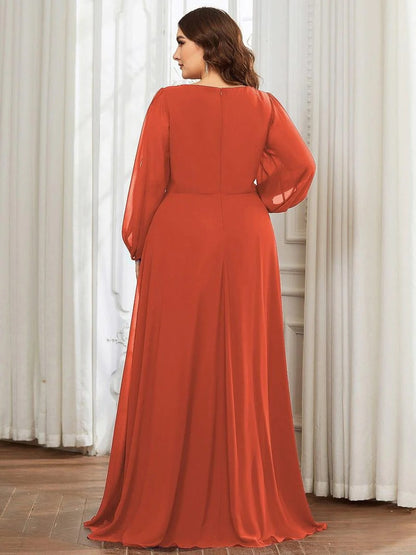 V-Neck Long Sleeve Chiffon Evening Dress