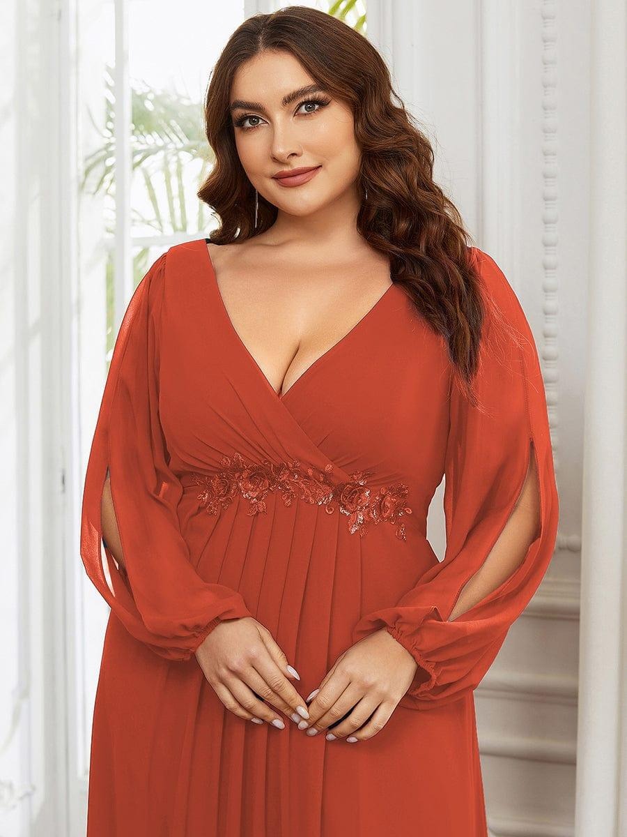 V-Neck Long Sleeve Chiffon Evening Dress