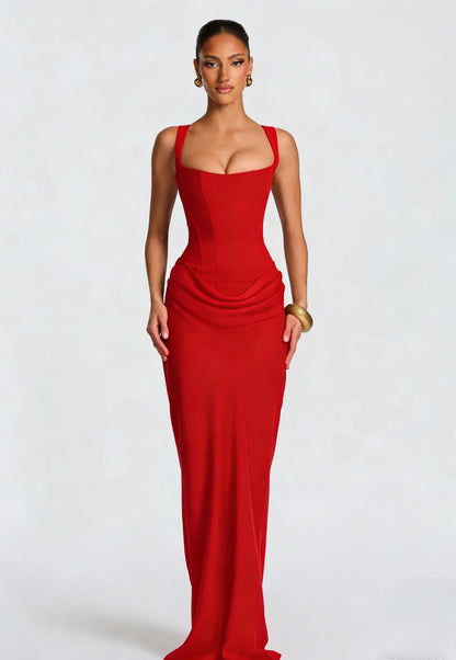 Sleeveless Corset Maxi Dress with Draped Skirt