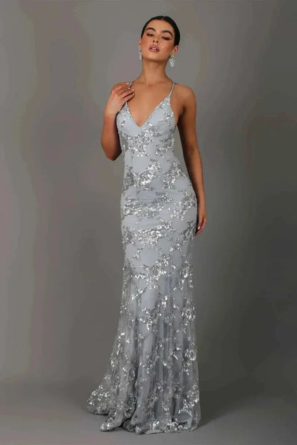 Deep V-Neck Sequin Maxi Dress