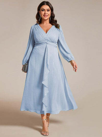 Sheer Sleeve Twist Knot Shimmering Evening Dress