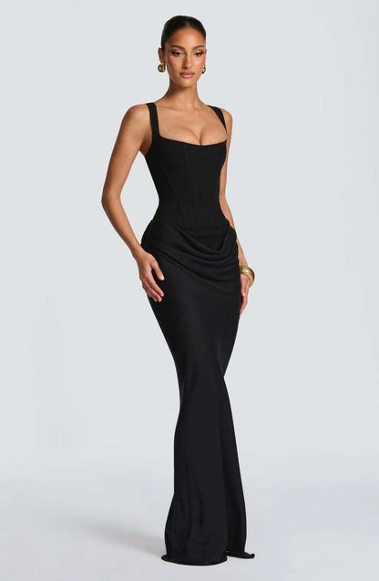 Sleeveless Corset Maxi Dress with Draped Skirt