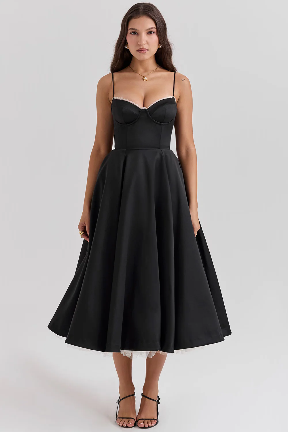 Bustier Midi Dress with Lace Trim and Full Skirt
