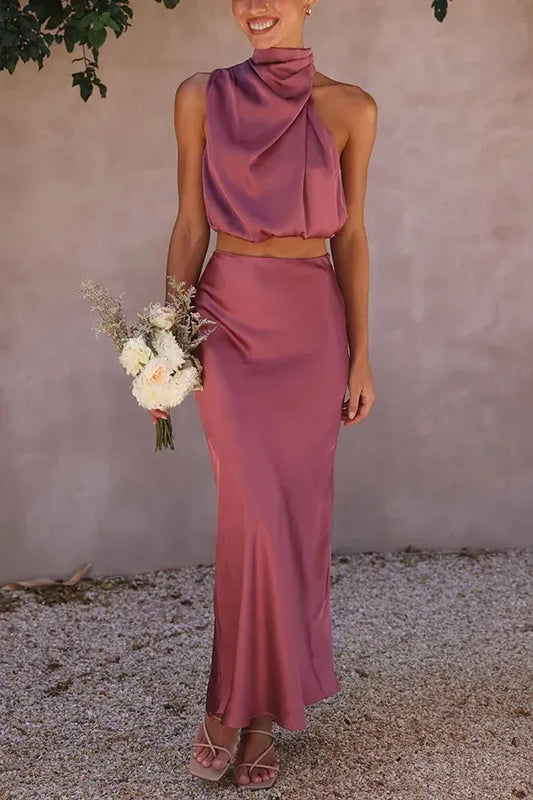 Two Piece Halter Top and Midi Skirt Set