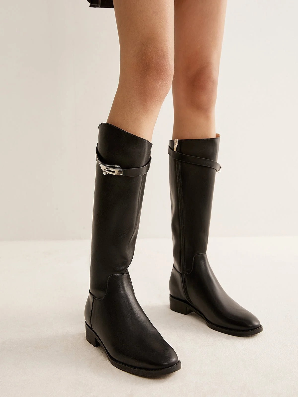 Knee-High Boots with Strap Detail and Block Heel