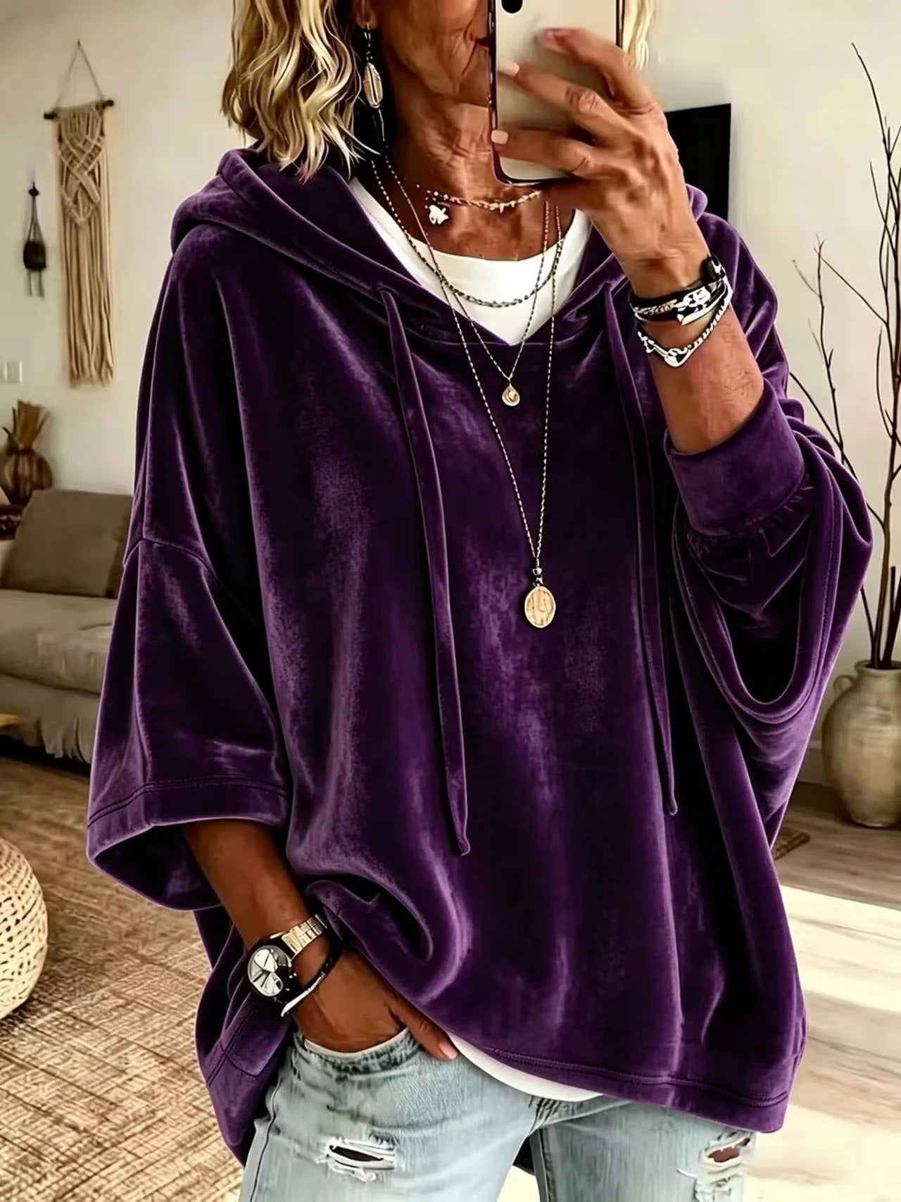 Women's Oversized Velvet-Inspired Hoodie