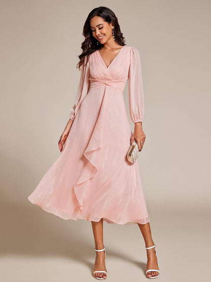 Sheer Sleeve Twist Knot Shimmering Evening Dress