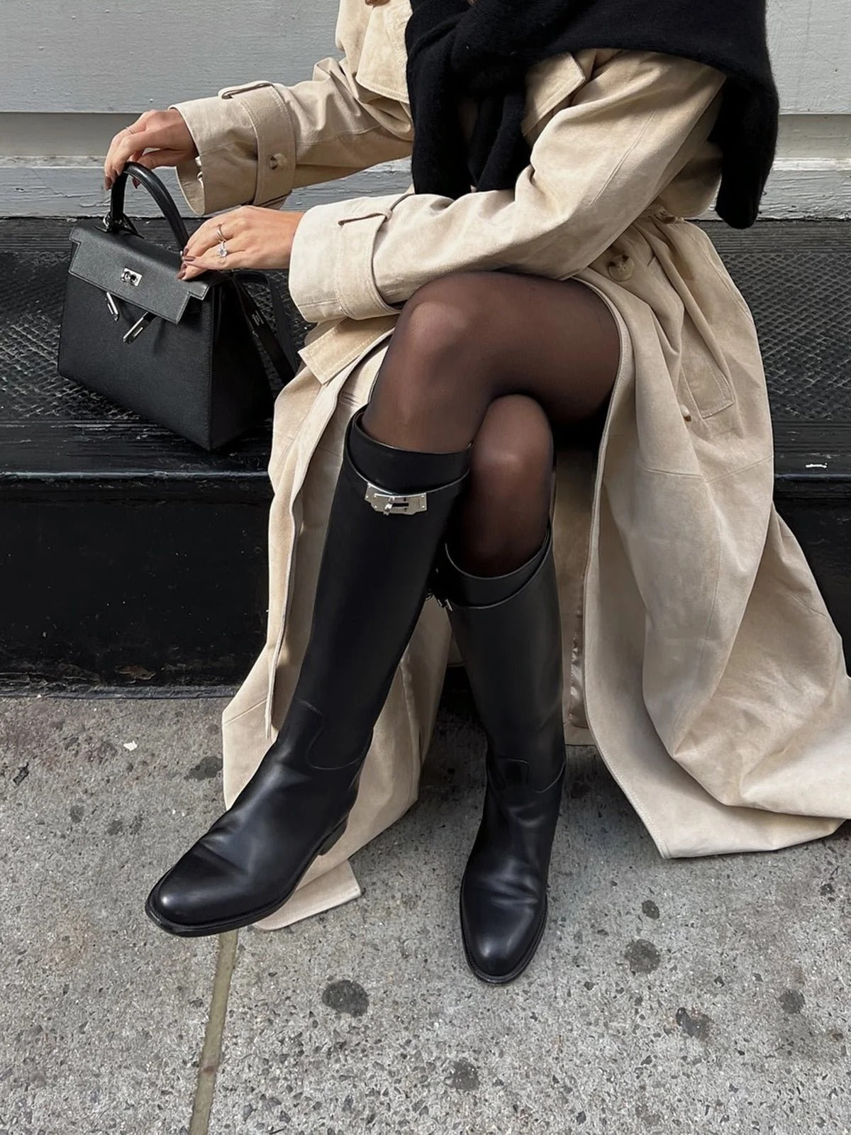 Knee-High Boots with Strap Detail and Block Heel