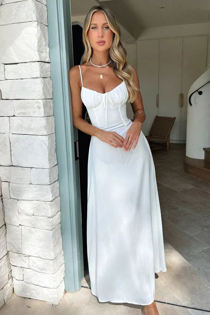 Sweetheart Neck A-Line Maxi Dress with Tie Bow