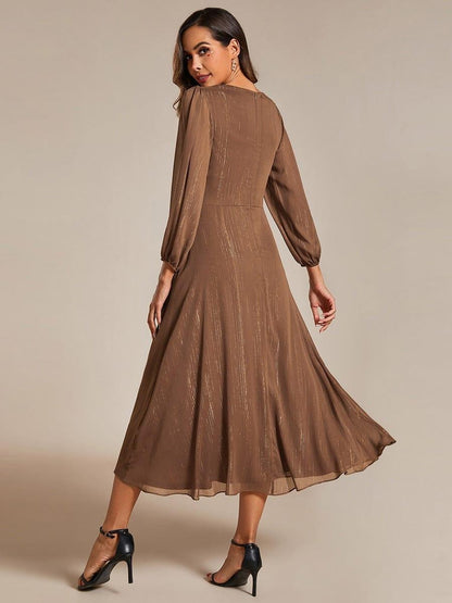 Sheer Sleeve Twist Knot Shimmering Evening Dress