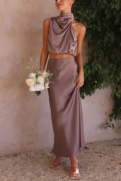 Two Piece Halter Top and Midi Skirt Set