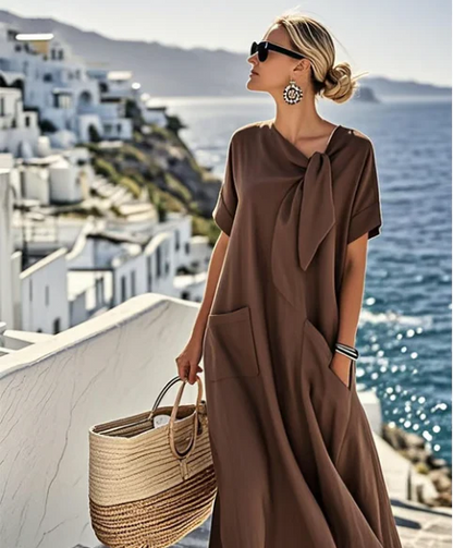Relaxed Fit Dress with Neck Tie and Pockets