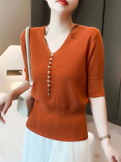Women's V-Neck Button Knitted Top