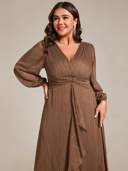 Sheer Sleeve Twist Knot Shimmering Evening Dress