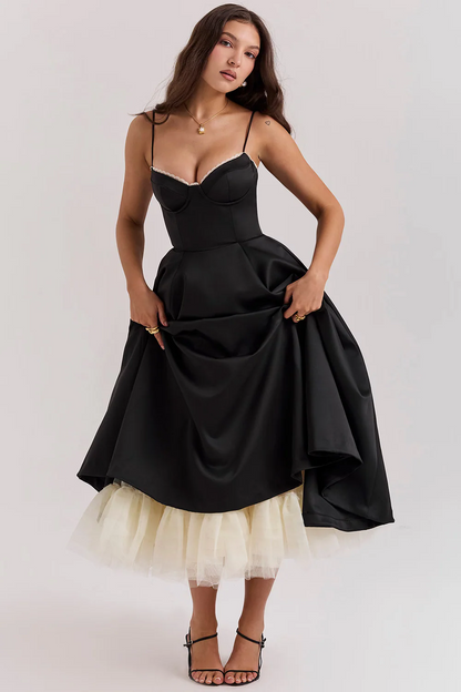 Bustier Midi Dress with Lace Trim and Full Skirt