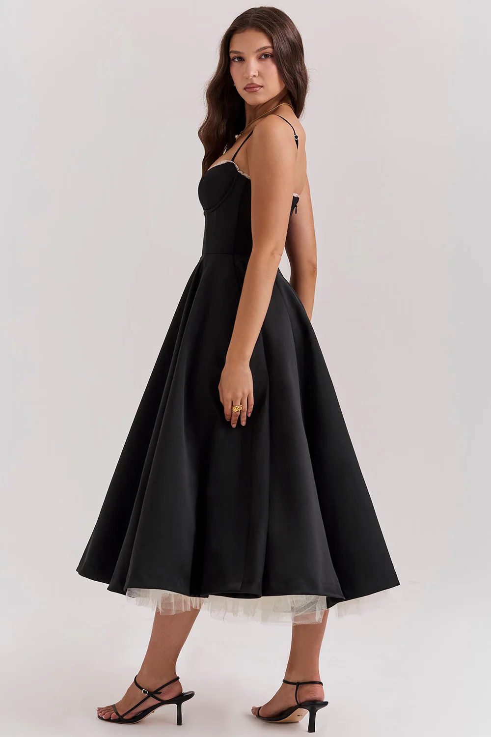Bustier Midi Dress with Lace Trim and Full Skirt