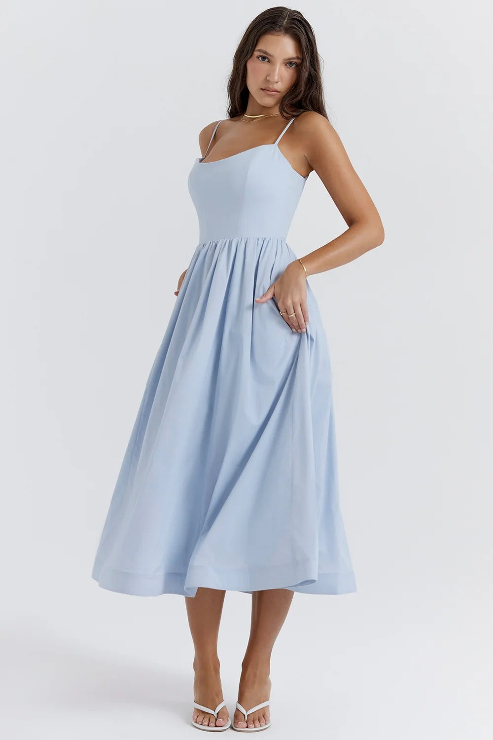 Bustier Midi Dress with Lace Trim and Full Skirt