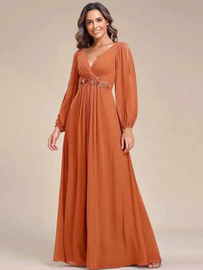 V-Neck Long Sleeve Chiffon Evening Dress